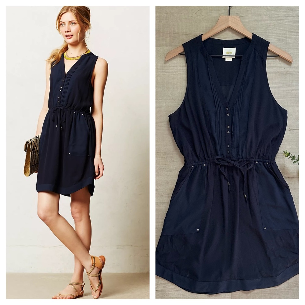 ANTHROPOLOGIE M MAEVE Pelona Shirtdress Navy Blue Mini Shirt Dress